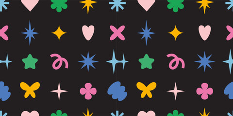 Seamless pattern with trendy abstract figures, stars, flowers and hearts. Y2K design elements, geometric shapes, modern symbols. Trendy vector illustration on black background, hand drawn, flat.