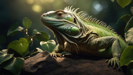 Fototapeta premium A close-up of a green iguana resting on a rock amidst lush foliage.