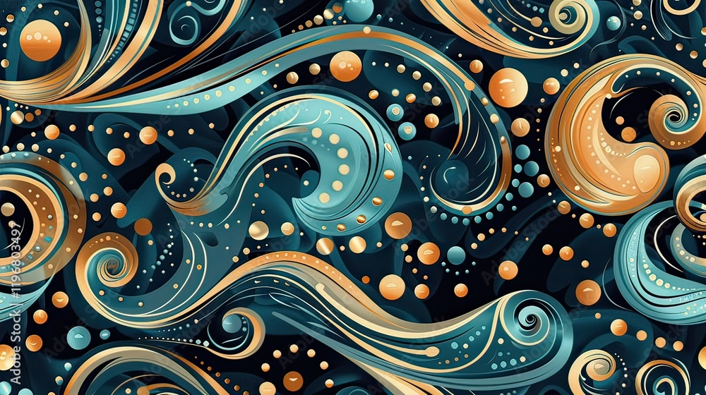 Poster a seamless abstract pattern with colorful swirls and dots.