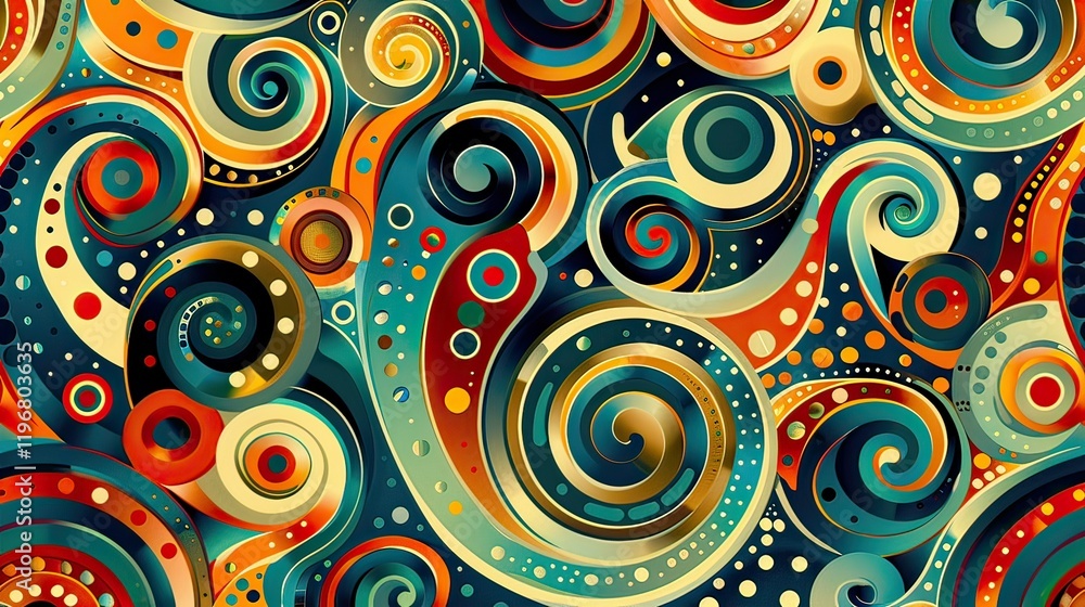 Poster a seamless abstract pattern with colorful swirls and dots.