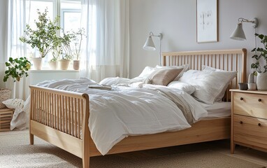 Obraz premium Cozy Scandinavian bedroom with light wood furniture and soft textiles