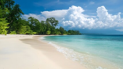Breathtaking scene of an idyllic tropical beach with a wide stretch of soft golden sand calm turquoise waters and fluffy white clouds drifting in the bright blue sky above