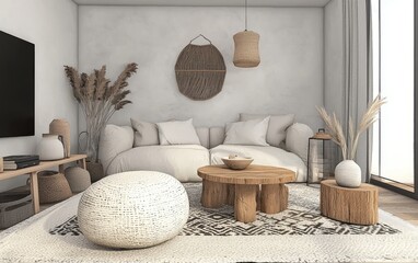 Cozy Scandinavian living room with a soft wool rug, a light sofa, and natural wood features
