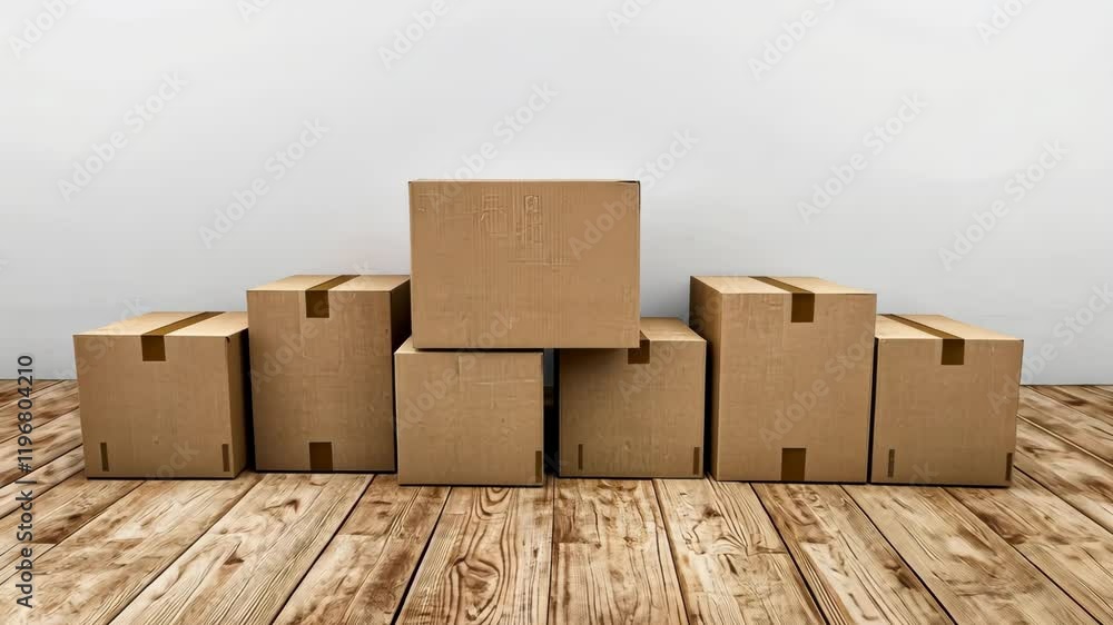 Poster cardboard boxes of various sizes are stacked neatly on a wooden floor in a clean space, suggesting p