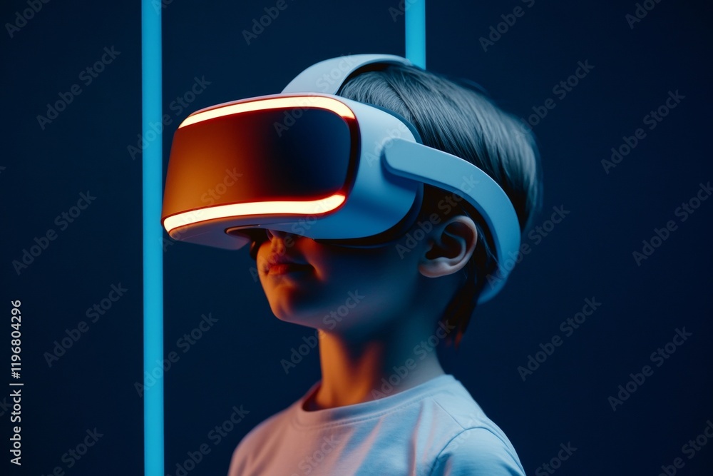 Poster futuristic child vr experience sleek headset with neon graphics for edtech and gaming - innovating l