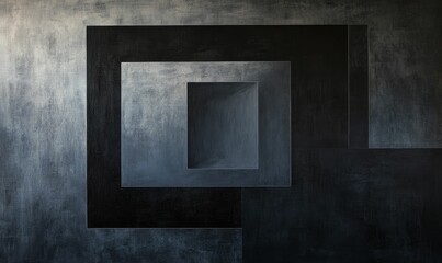 Abstract painting, layered squares, dark gray tones.