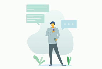 a person standing holding smartphone and coffee cup flat design illustration, vector illustration