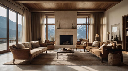 Fototapeta premium High end European living room featuring beige sofa fireplace and wood coffee table with classic touches Design Inspiration