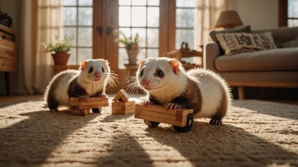 Fototapeta na wymiar Two playful ferrets with wooden toys in a sunlit living room.