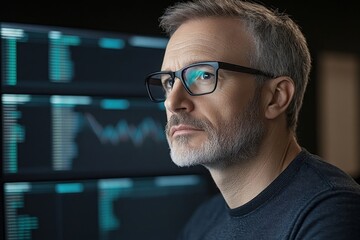 man thoughtfully looks at a computer screen with a lot of text and diagrams on it, He is focused and serious, solving a difficult problem. The chart shows fluctuations in the stock market. 