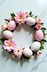 Natural Easter wreath decorated with flowers and Easter eggs on a pastel soft background, a festive spring concept. 