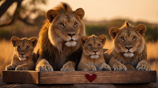 A majestic lion with three cubs on a wooden platform, showcasing family bonds in nature.