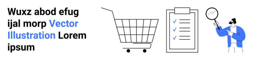 Shopping cart, clipboard with checkmarks, person holding a magnifying glass. Ideal for e-commerce, online shopping, task management, business analysis, marketing, project planning, retail. Banner