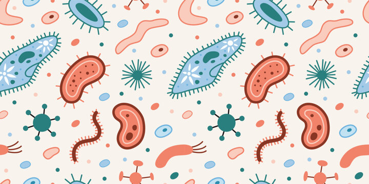 Seamless pattern with simplest unicellular organisms, bacteria and viruses, microorganisms under a microscope. Trendy modern vector illustration on light background, hand drawn, flat design