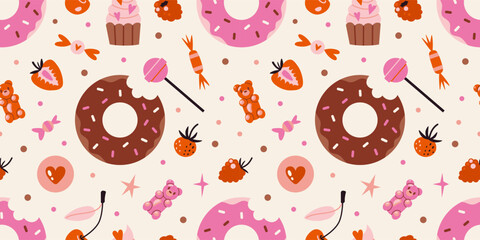 Cute Seamless pattern with glazed donuts, cupcakes, candies and berries. Sweets and desserts concept. Trendy modern vector illustration on light background, hand drawn, flat design