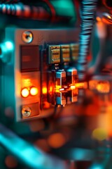 Illuminated circuit board, close-up, glowing components.