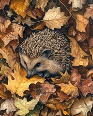 A hedgehog curled up on a bed of fallen leaves