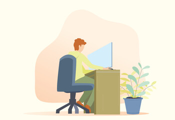 a person sitting on a chair working office work with a computer flat design. Vector Illustration