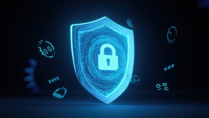 Shield with digital patterns and a holographic lock symbolizes encryption and protection. Binary code and symbols showcase advanced data security