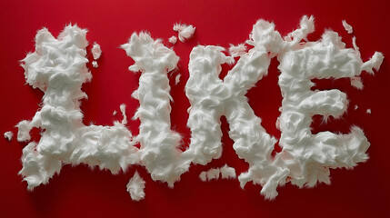 Text "LIKE" made of fluffy white material on red background