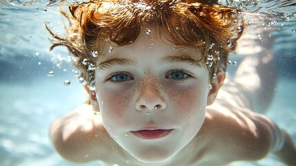 Joyful Swimmer Emerges from Underwater with Radiant Expression   Young Child s Face Breaking the Surface After Refreshing Dive in Swimming Pool