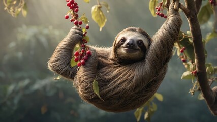 Obraz premium A sloth hanging from a branch amidst vibrant red berries in a lush environment.