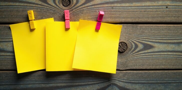 Close-up of three yellow notes on wooden panel, desk, mock up