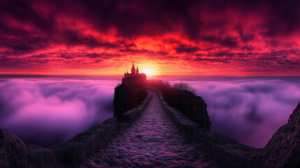 Majestic castle silhouette against vibrant sunset clouds
