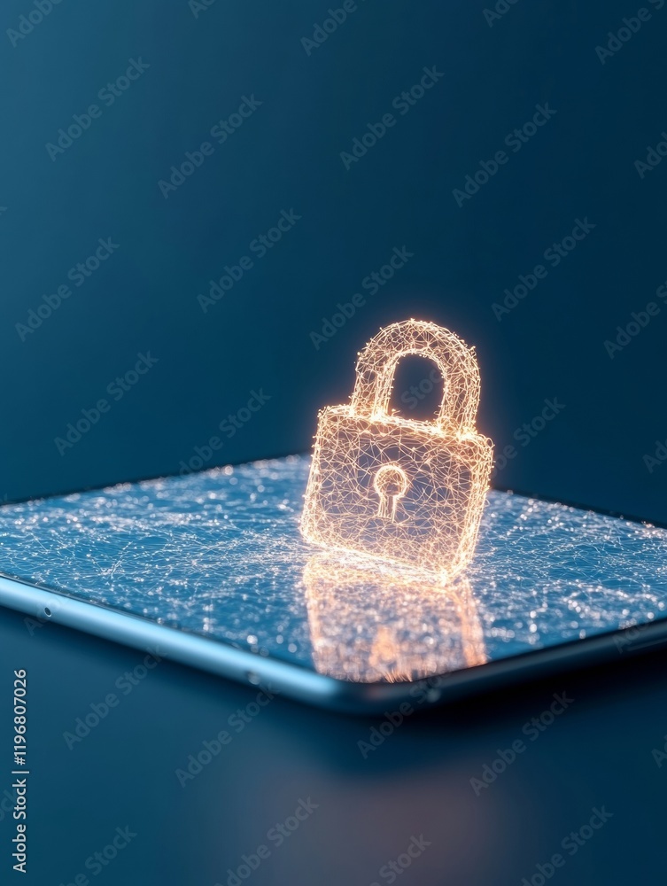 Poster futuristic digital lock on cracked screen highlighting cybersecurity fragility with neon glare - ess