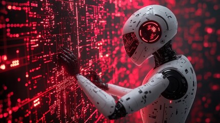 Robot interacting with a digital red interface screen