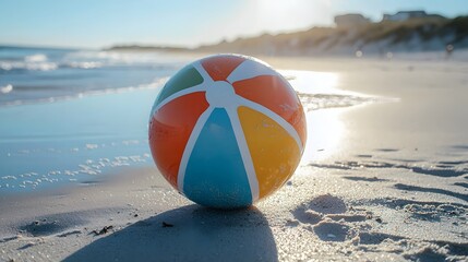 Obraz premium Close up view of a colorful inflatable beach ball resting on the wet sand of a sunlit sandy beach with crashing waves and a serene ocean scene in the background The ball s bright