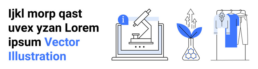 Laptop with microscope, plant research, and clothing rack. Ideal for technology, innovation, growth, environment, fashion education digital transformation. Landing page