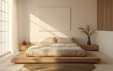 Minimalist Scandinavian bedroom with a low wooden bed, soft neutral bedding, and simple wall art