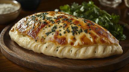 Golden baked calzone on wooden plate with herbs