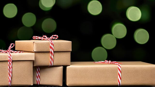 Several carefully wrapped parcels sit on a flat surface, decorated with red and white twine, surrounded by a colorful bokeh backdrop filled with soft lights celebrating the holiday spirit