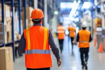 Construction workers in bright safety vests and hard hats walking together in a spacious warehouse environment with shelves and boxes in background