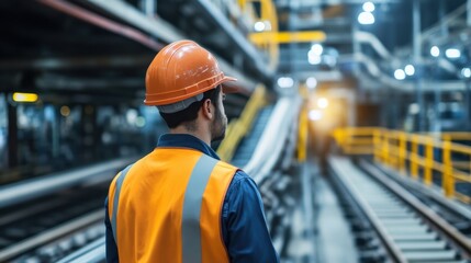 Industrial Worker in Hard Hat Observing Production Line in Modern Factory with Machinery and Infrastructure Elements for Manufacturing Processes