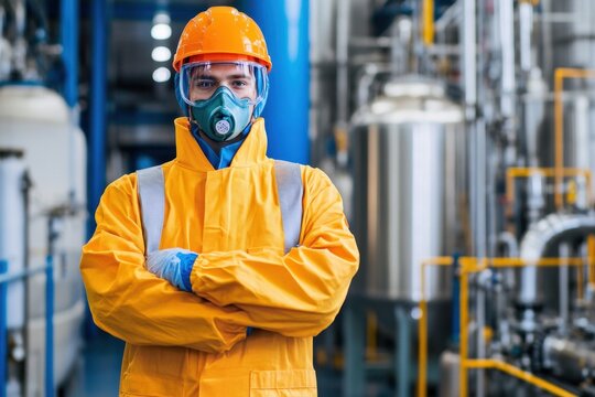 Professional male worker in safety gear wearing protective mask and helmet standing confidently in modern industrial facility with machinery and equipment