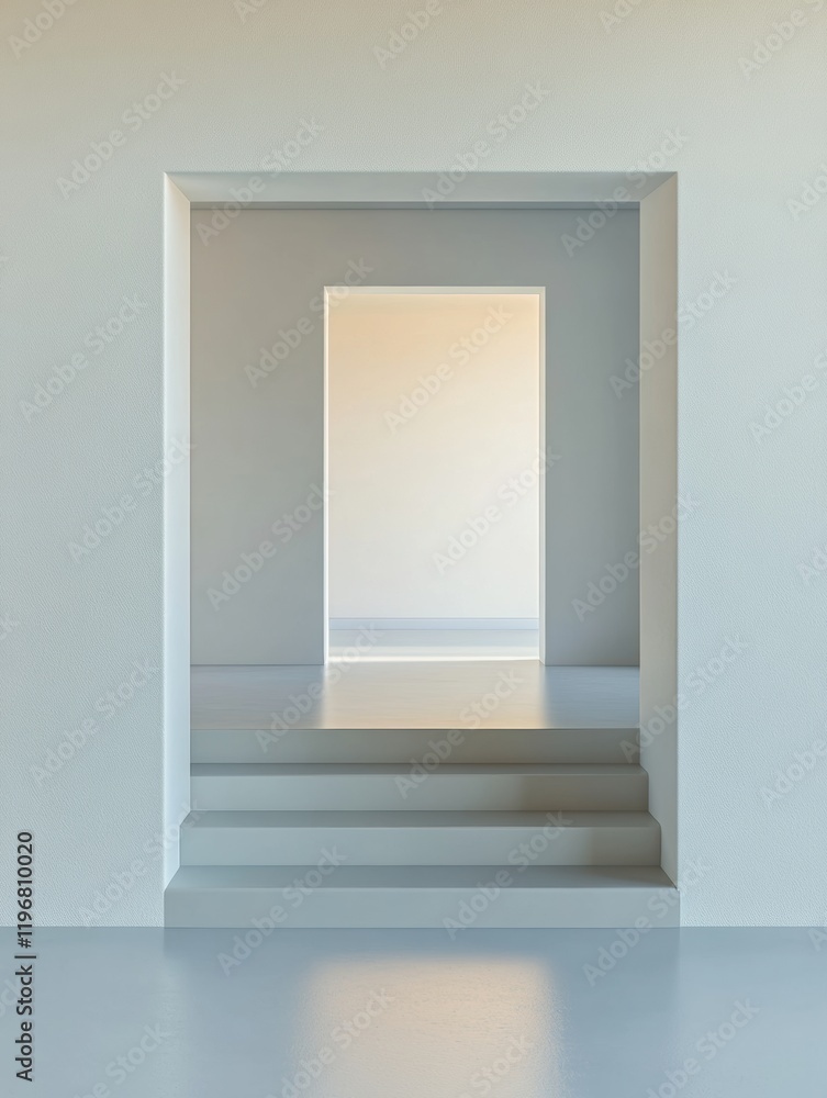 Poster Empty interior space featuring minimalistic design with multiple doorways and steps inviting creativity and personalization. Generative AI