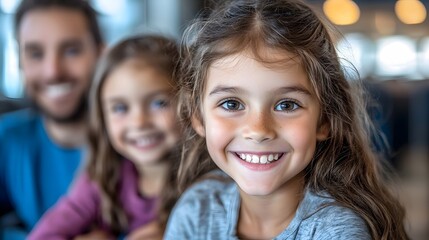 Fototapeta premium Blissful Family Enjoying Summer Travel by Airplane Towards Overseas Destination A young girl smiling happily with her father as they prepare for their summer vacation flight