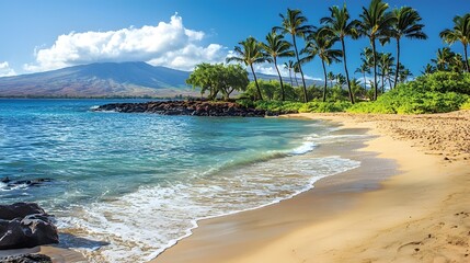 Breathtaking view of a tropical beach with crystal clear turquoise waters lush palm trees lining the shore and a picturesque blue sky with fluffy white clouds above