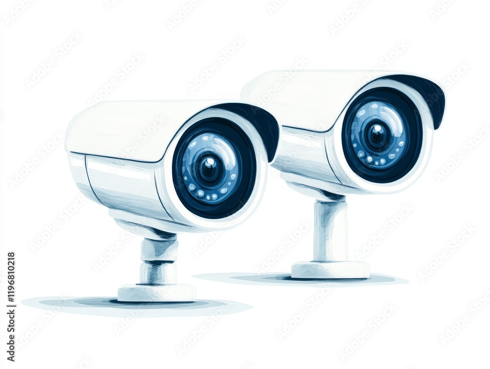 Poster dual lens white surveillance cameras emphasizing innovative twin lens technology for high resolution