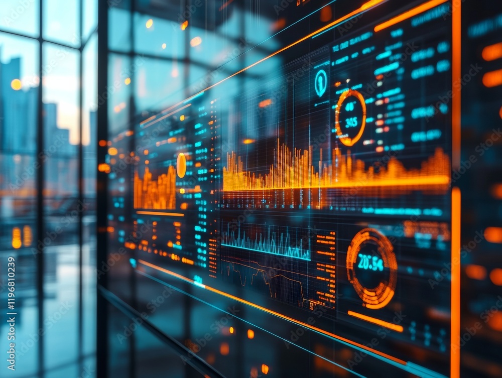 Aufkleber Futuristic Analytics Hub Interactive Smart LED Display with Dynamic Data Visualizations and Glass Interface - Enhancing Business Intelligence and Tech-Driven Decisions
