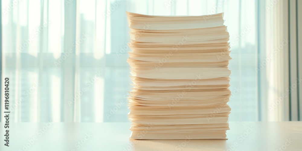 Poster aesthetically minimalist paper stack in sunlit office recycled materials for sustainable business pr