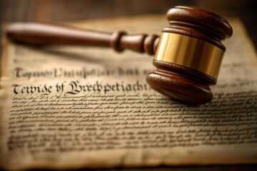 Obraz premium Vintage Legal Decor Antique Wooden Gavel on Historical Parchment for Law Office Aesthetics and Professional Heritage Storytelling