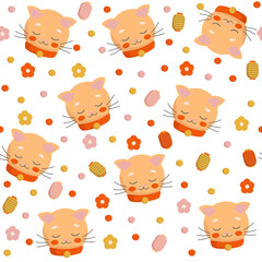 A seamless pattern featuring a cheerful Japanese Chinese Maneki-neko cat with a festive smile and traditional lanterns. Perfect for celebrations, Asian-themed designs, and holiday decorations.