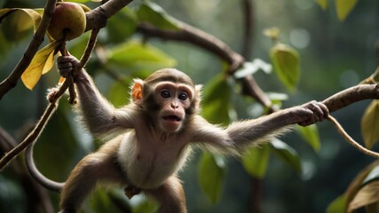 A young monkey hanging from a branch in a lush, green environment.