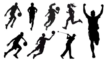 PNG Dynamic athletic silhouettes in motion, element set on transparent background