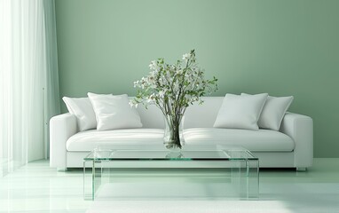 Modern living room with muted pastel green walls and a soft white sofa, styled with a sleek glass coffee table and a vase of wildflowers, copy space background