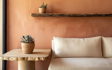 Modern living room with muted peach walls and a soft cream sofa, featuring a natural wood console table and a small succulent in a ceramic pot, copy space background